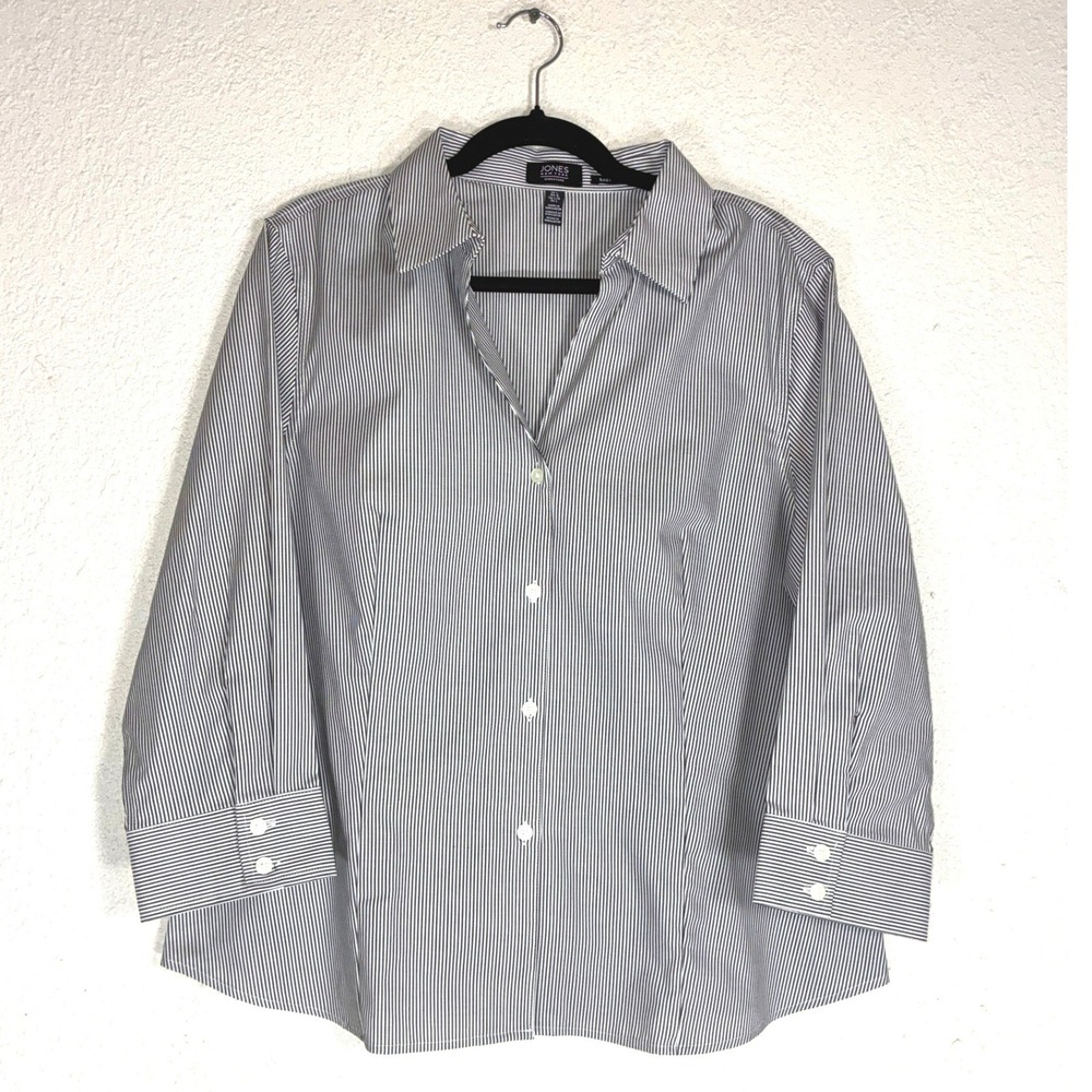 Jones New York Signature Womens Striped Button Down Shirt Black White Cotton L‎